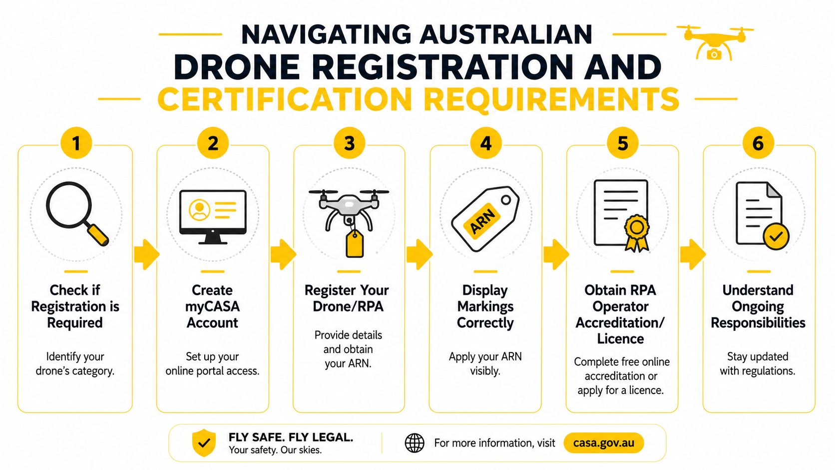 A six-step infographic detailing the mandatory registration and certification requirements for flying drones in Australia.
