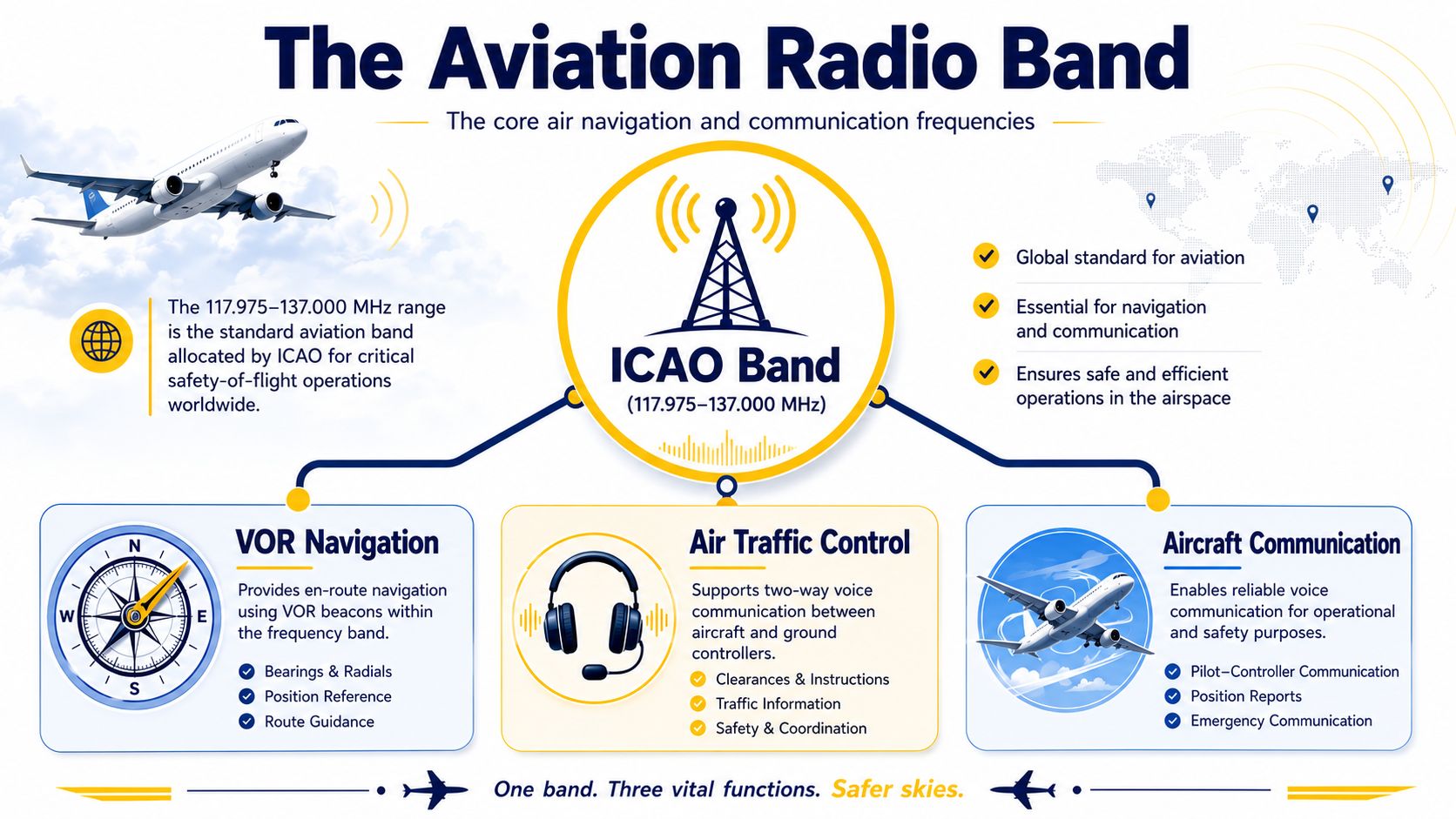 An infographic detailing the ICAO aviation radio band for navigation, air traffic control, and aircraft communication.