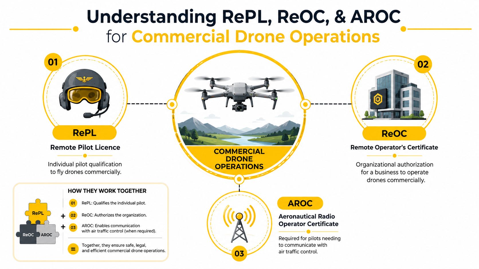 An infographic explaining the differences between RePL, ReOC, and AROC for Australian commercial drone operations.