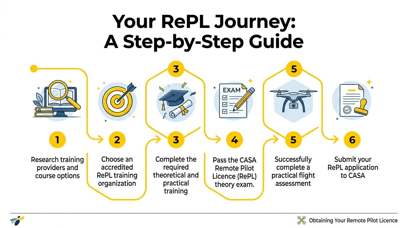 A six-step infographic guide explaining the process for obtaining a RePL remote pilot licence in Australia.