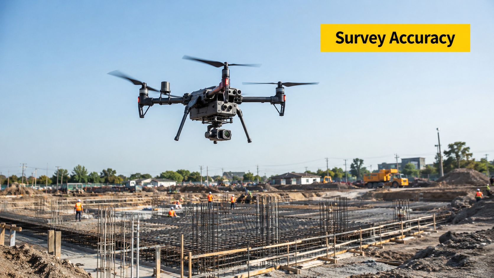 A professional inspection drone hovers over an active construction site for aerial surveying and site mapping.