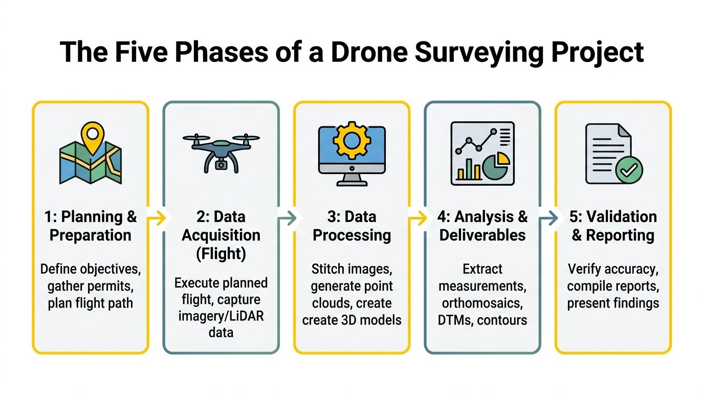 A five-step infographic showing the phases of a professional drone surveying and mapping project workflow.