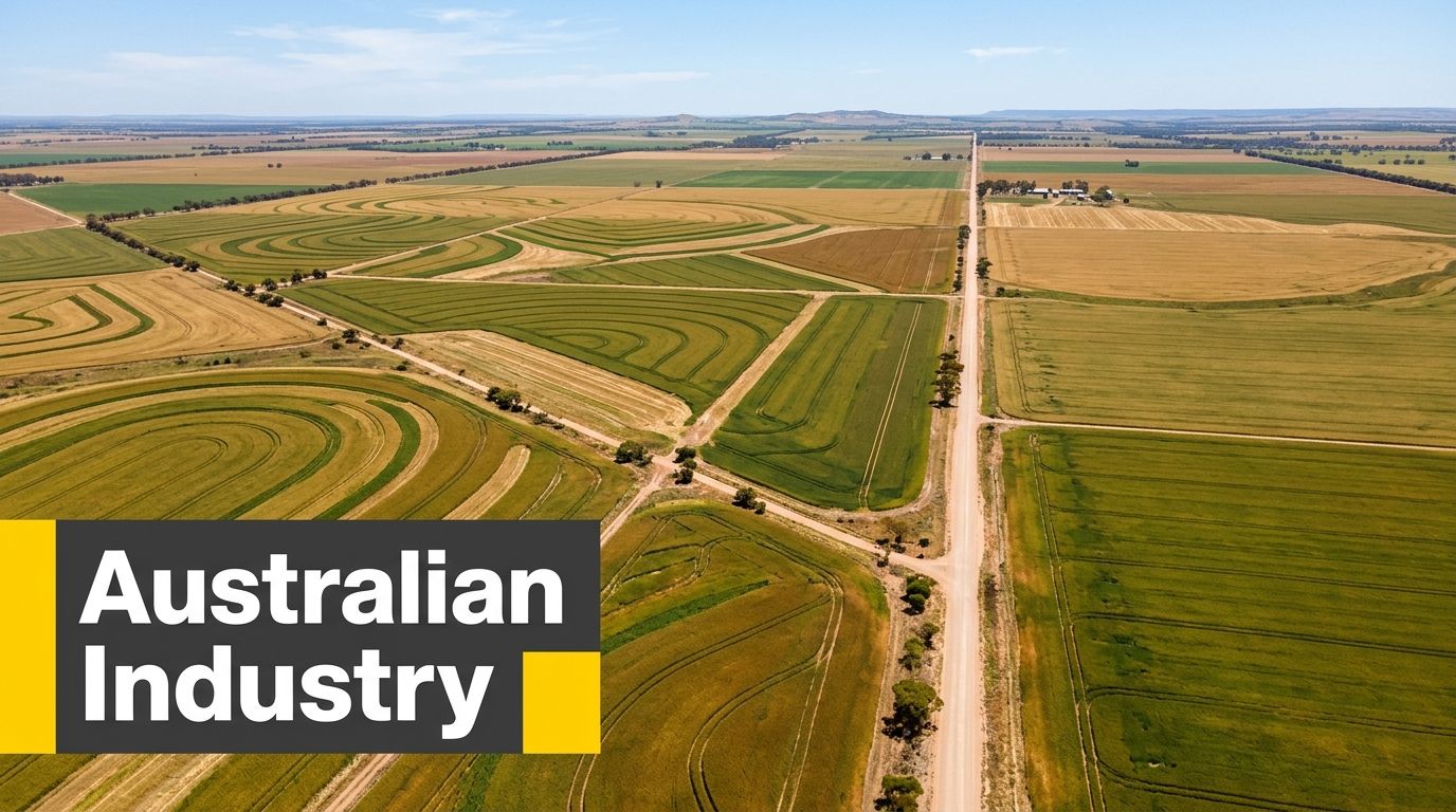 An aerial view of expansive Australian farmland featuring patterned crop fields and long straight dirt roads.