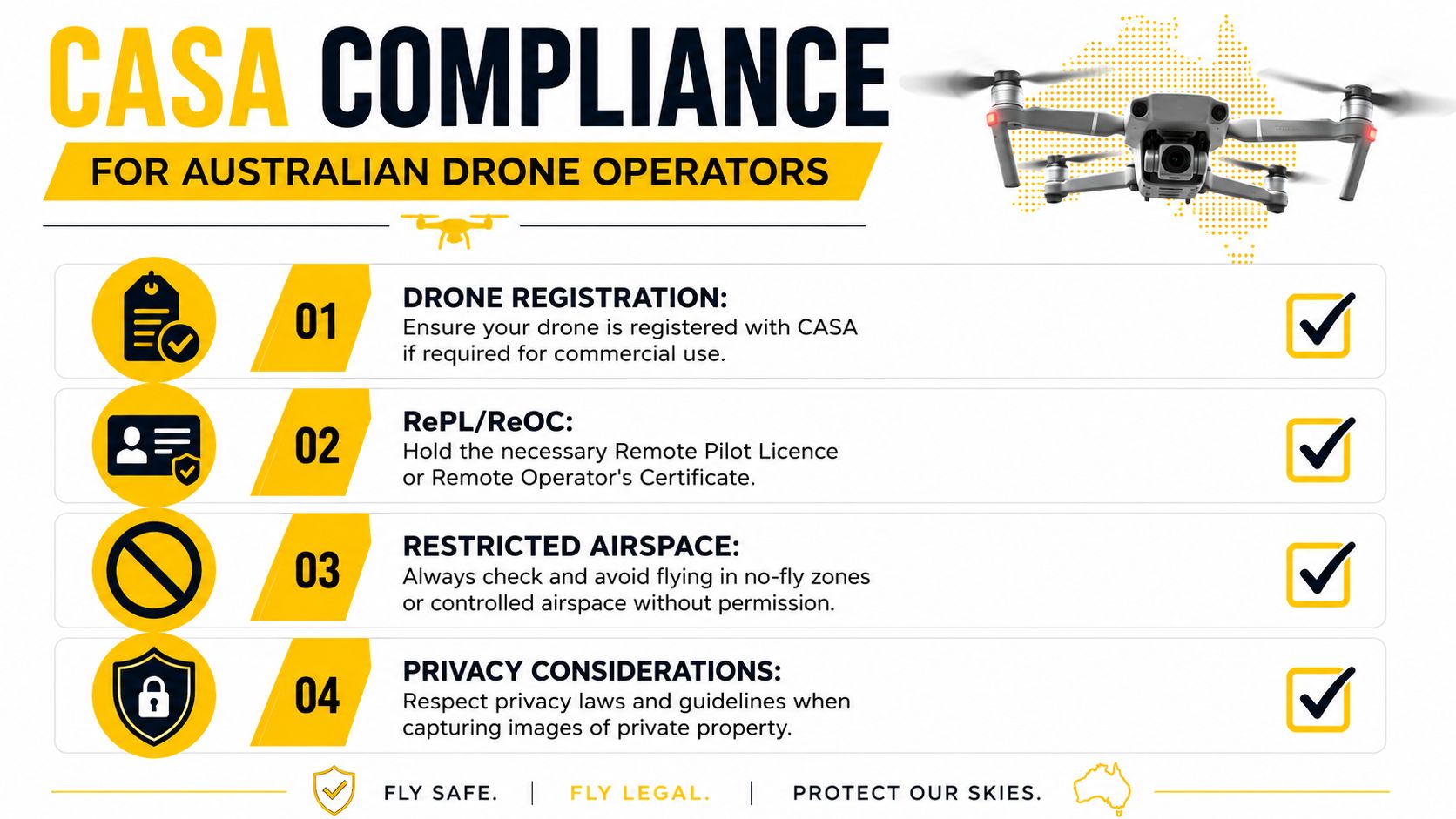 A list of four essential CASA compliance requirements for operating drones safely and legally in Australia.