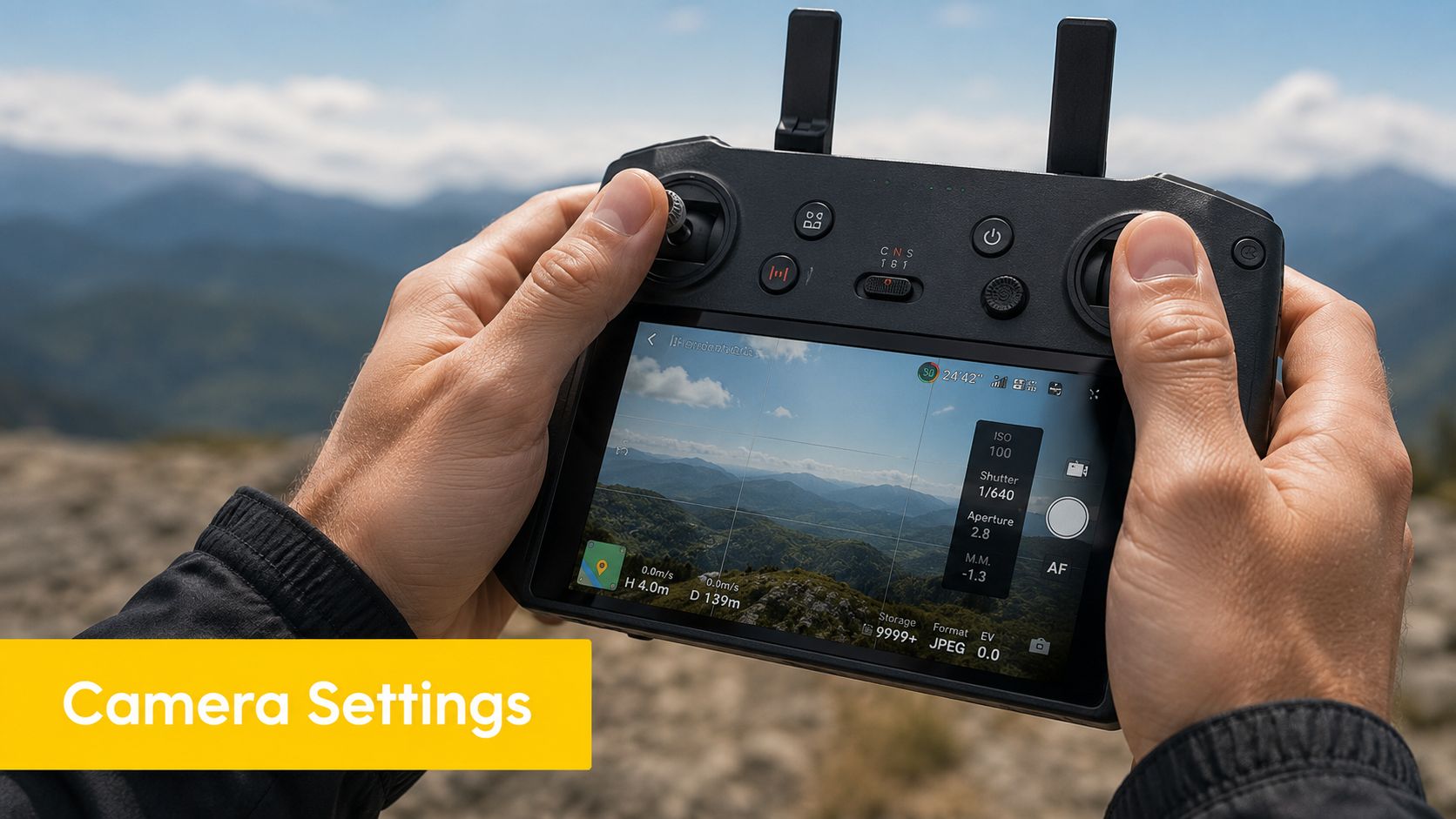 A person holds a remote controller displaying real-time drone camera settings during a mountainous landscape photo session.