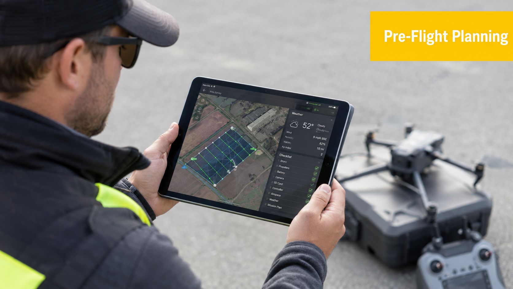 A drone pilot planning a flight path on a tablet with an aerial map and checklist