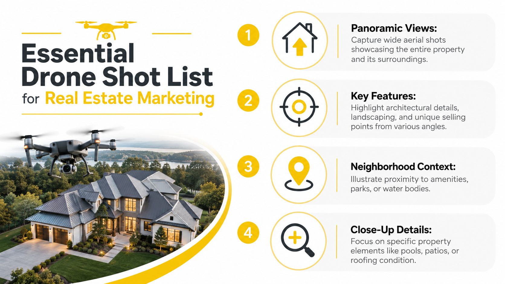 An infographic titled Essential Drone Shot List for Real Estate Marketing listing four key aerial photography techniques.