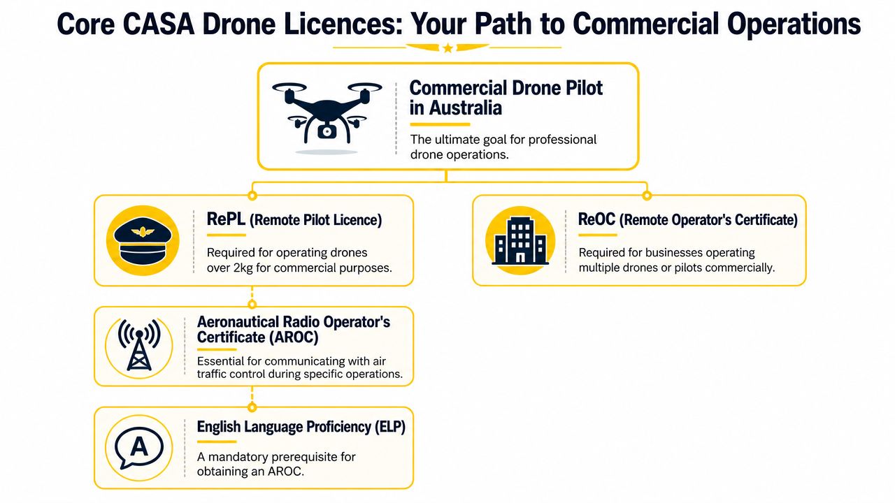 An infographic showing the path to becoming a professional commercial drone pilot in Australia using CASA licences.