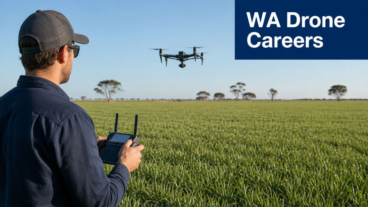 A professional drone pilot operating a remote control over a green field in Western Australia.