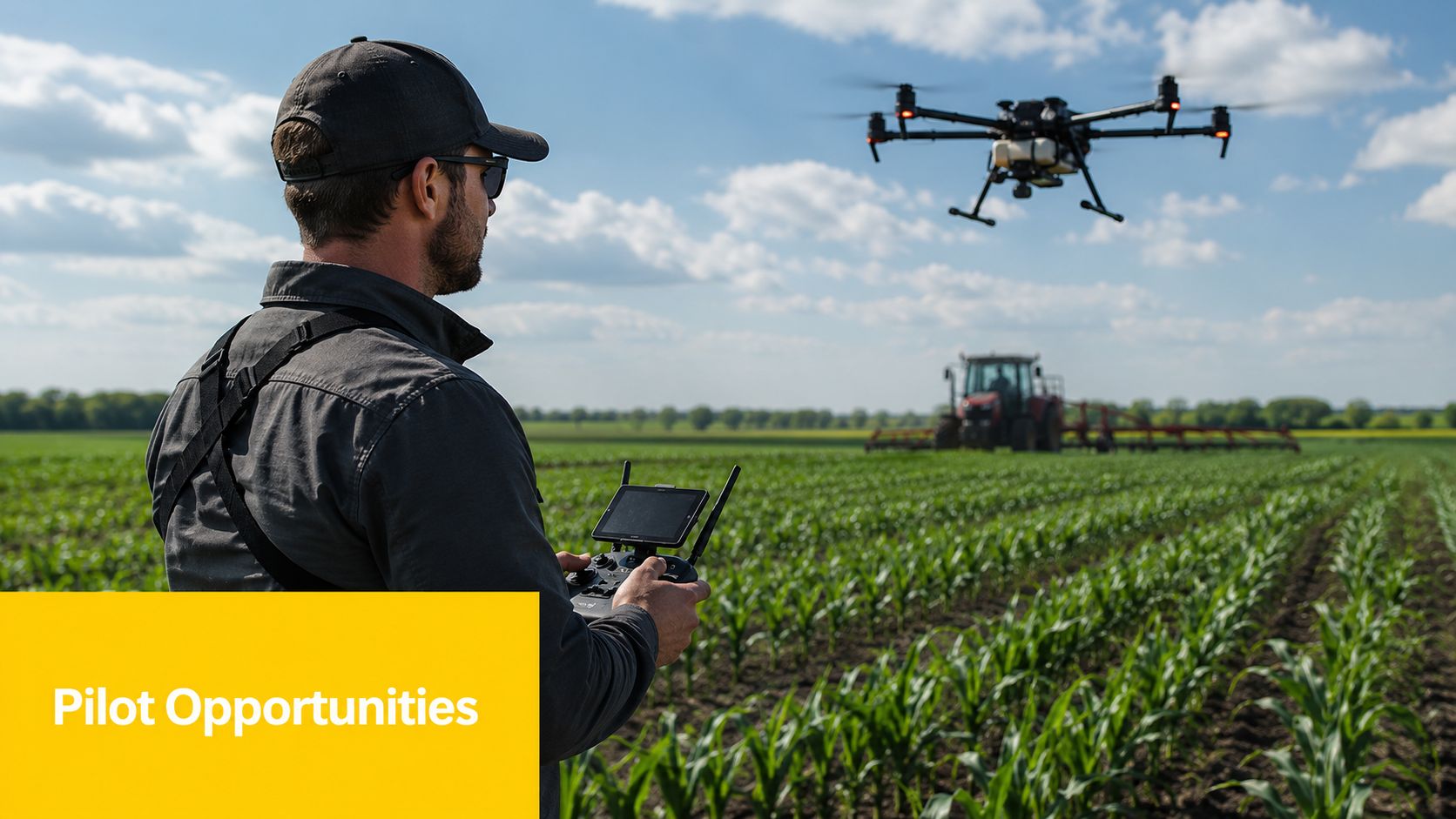 A drone pilot stands in a corn field controlling an agricultural drone with a handheld remote.