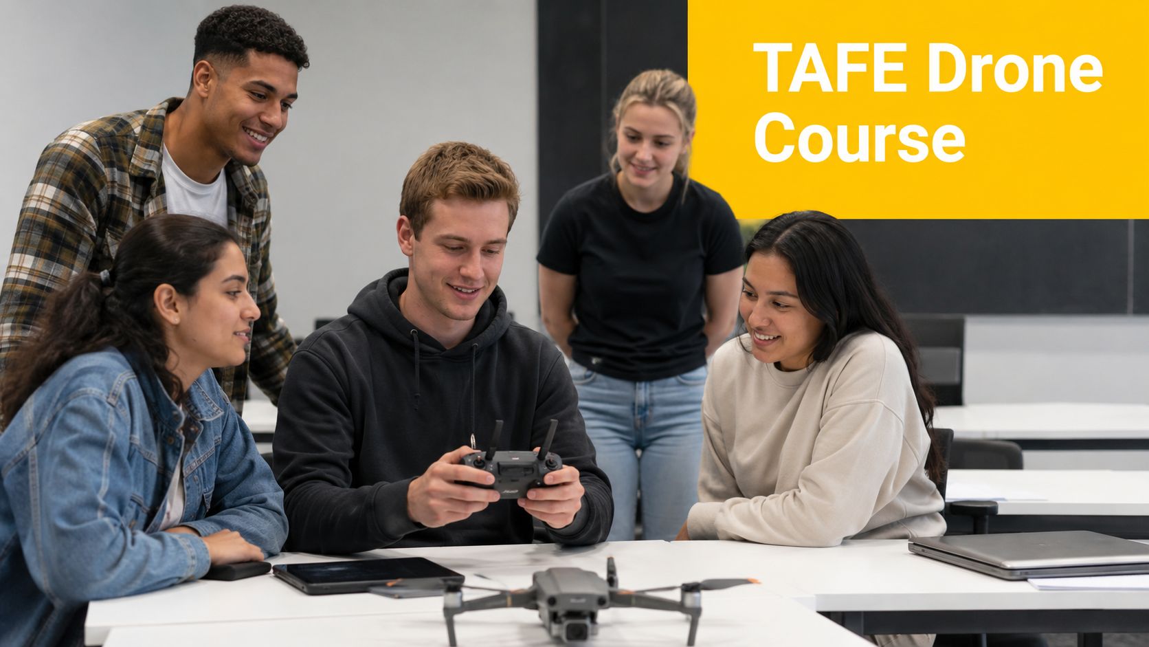 A diverse group of students working together on a drone pilot course in a classroom.