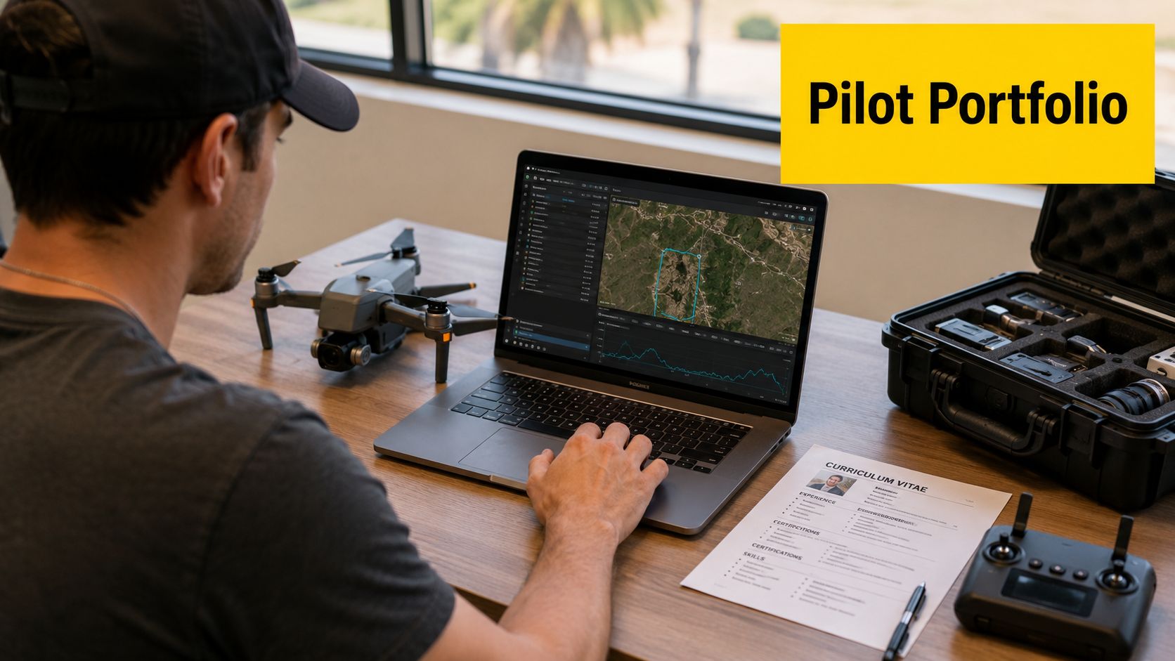 A male drone pilot analyzing aerial mapping software on his laptop with a drone and resume on his desk.