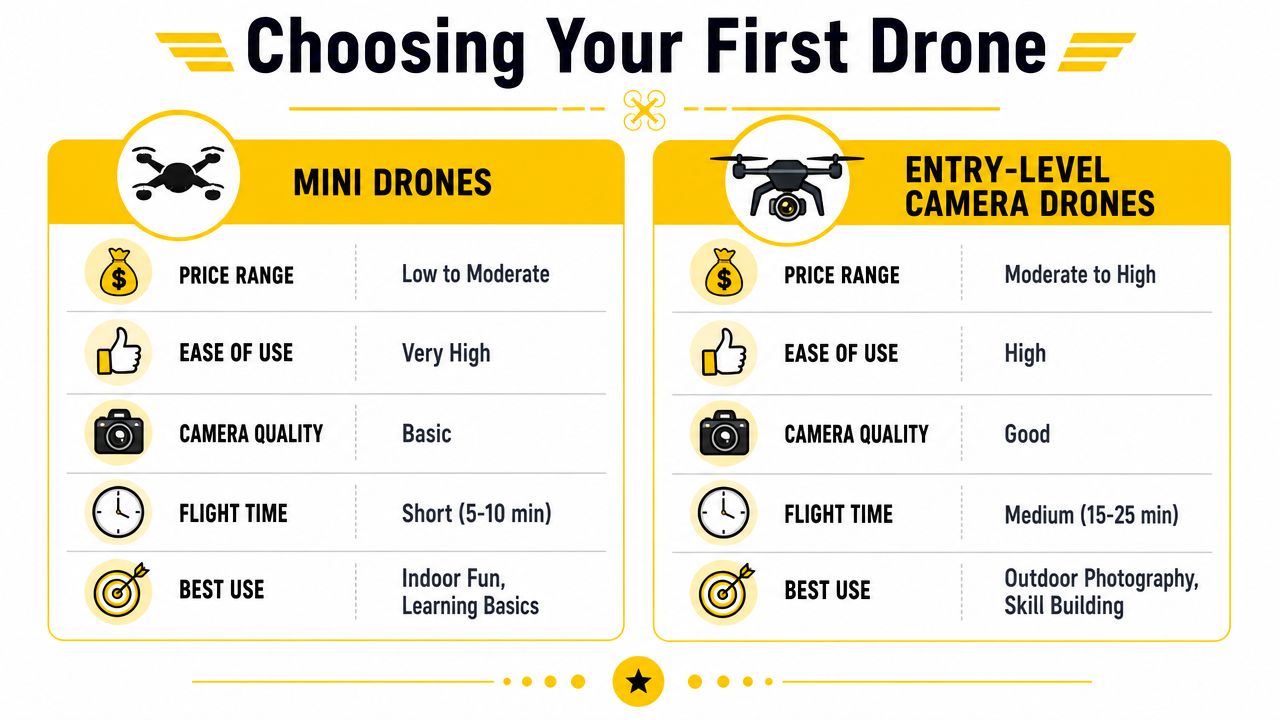 A comparison infographic between mini drones and entry-level camera drones for beginner pilots to choose.