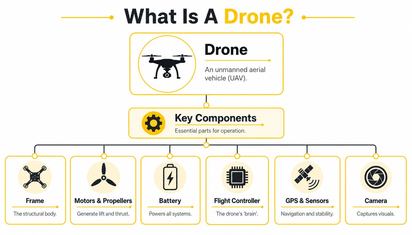 A descriptive infographic showing a drone at the top with its key components illustrated below.