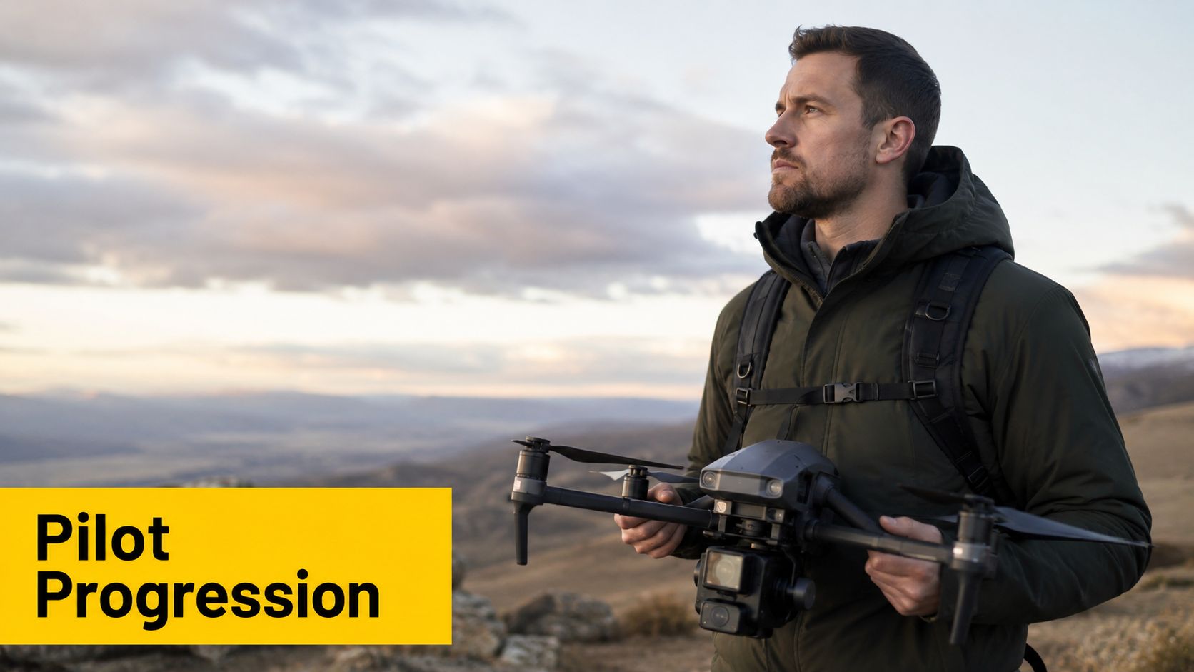 A professional drone pilot in a dark jacket holding a drone while standing on a mountainside landscape.