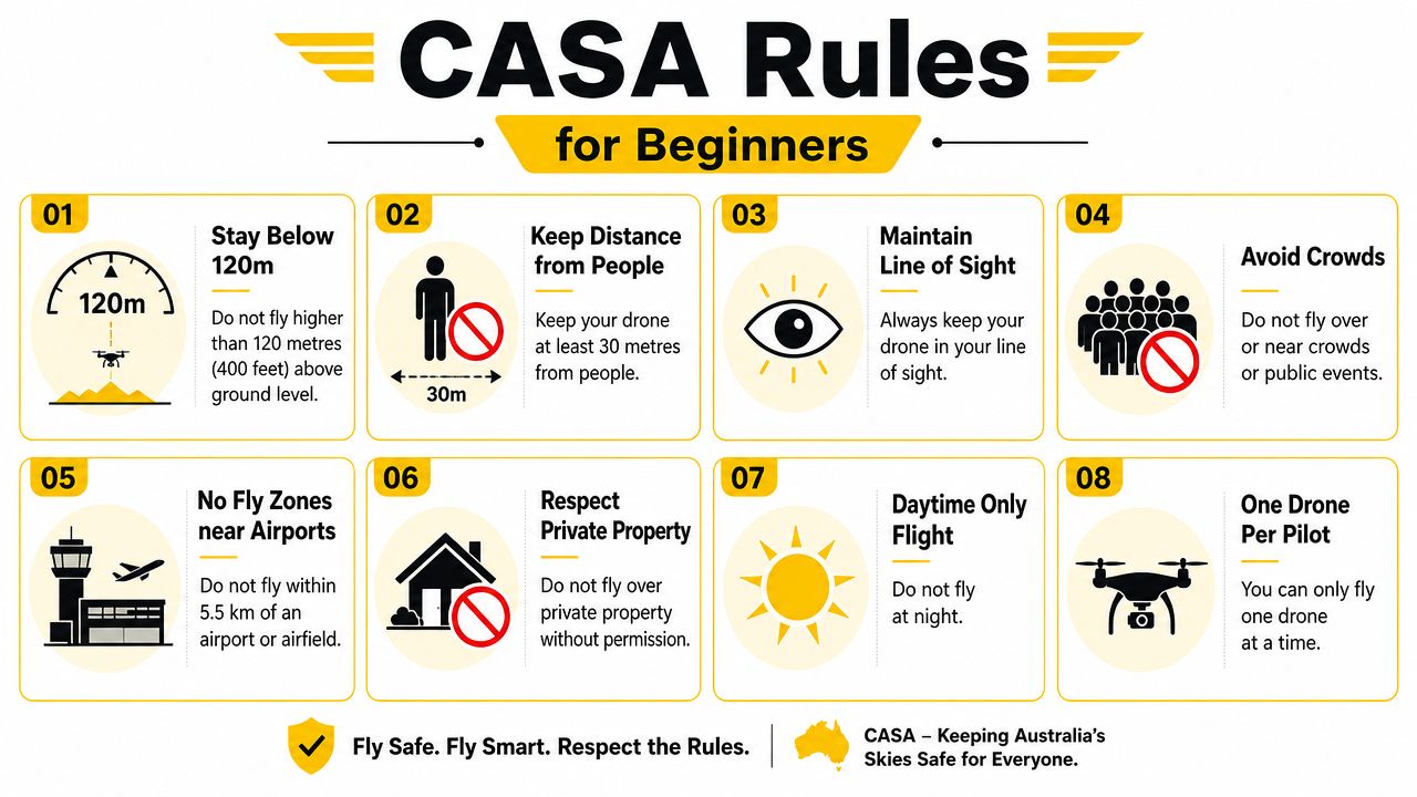 An infographic detailing eight essential safety rules for operating drones in Australia for beginners.