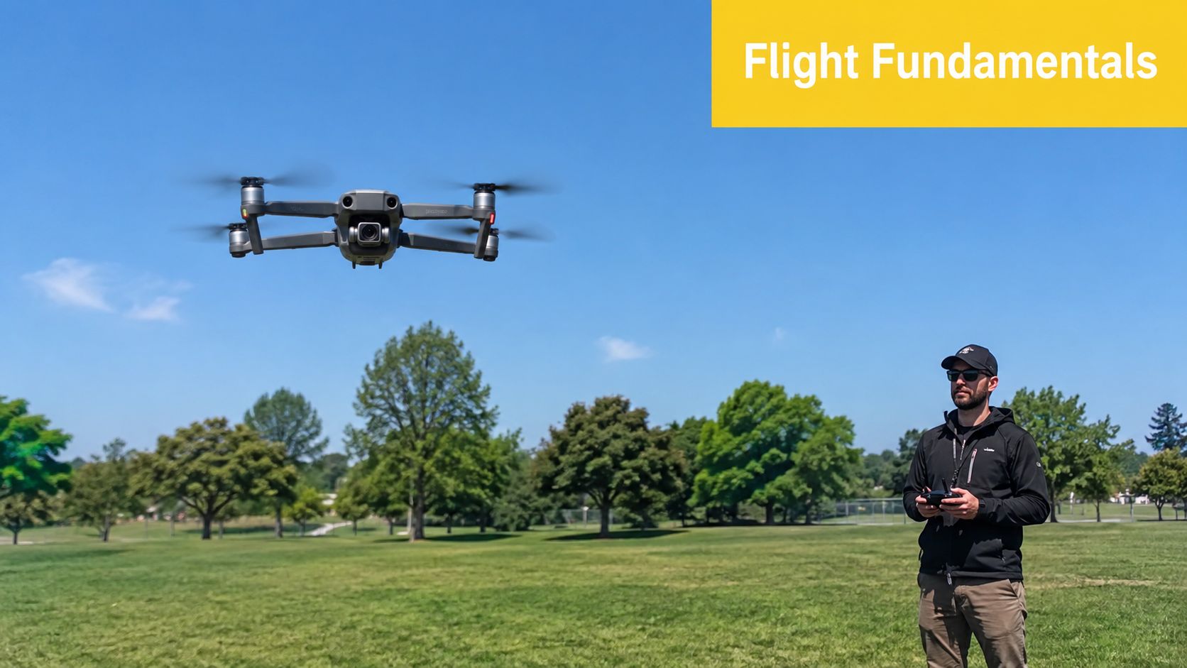 A man wearing a black jacket and baseball cap controls a flying drone in a park.