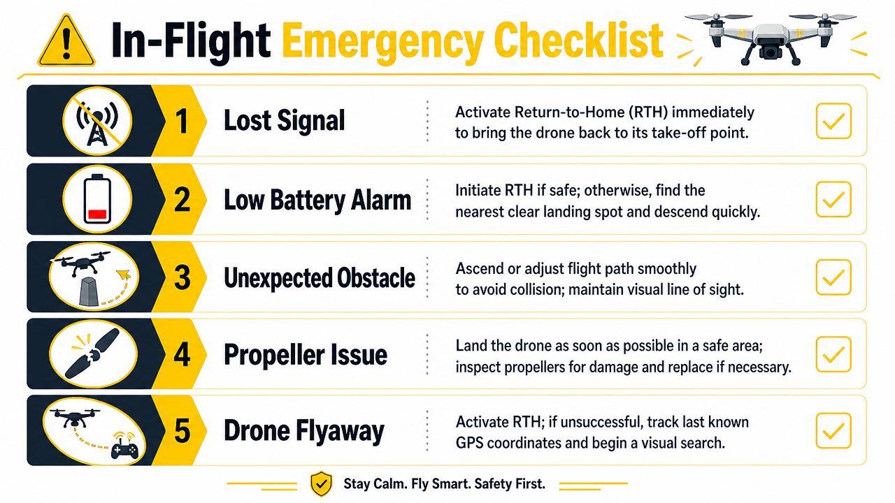 An In-Flight Emergency Checklist for drone pilots displaying steps for handling common drone malfunctions and safety issues.