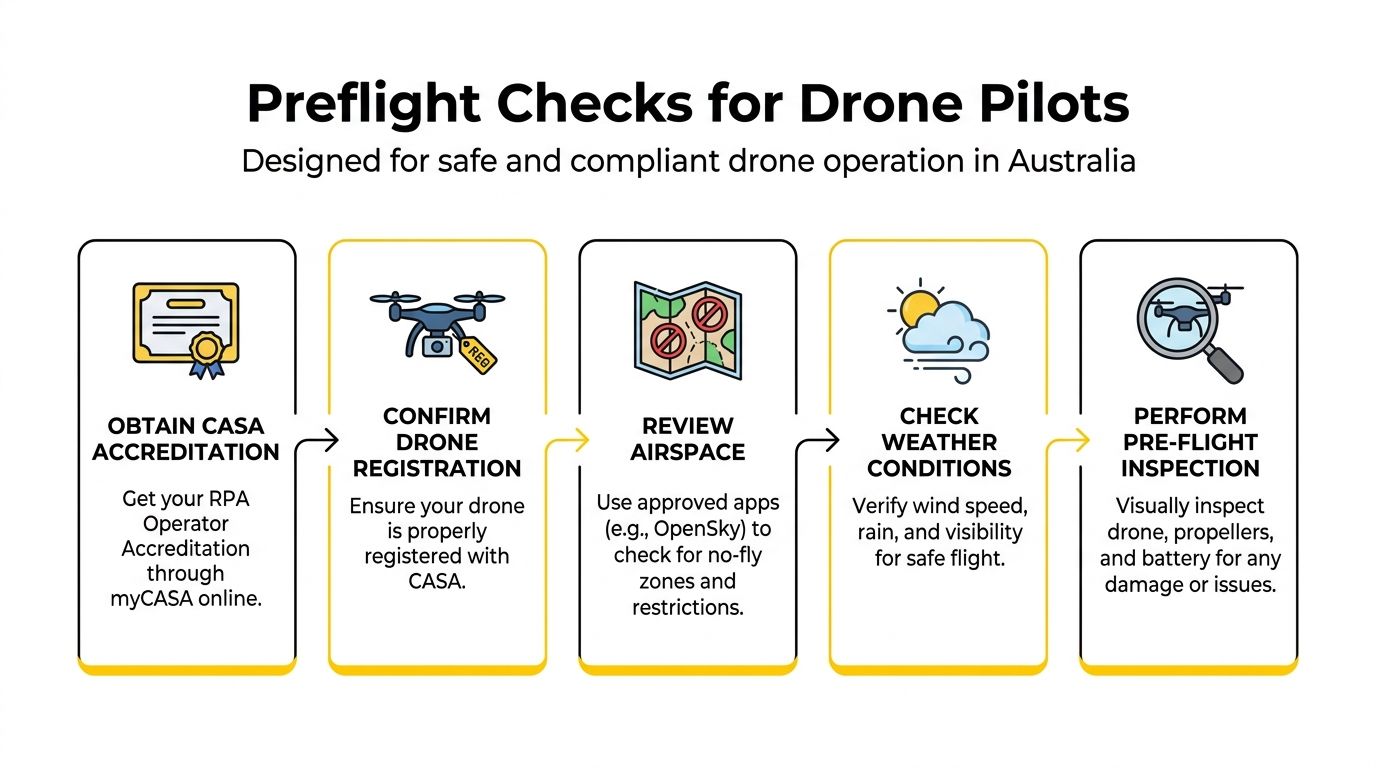 A five-step infographic showing preflight safety checks for drone pilots operating legally in Australia.