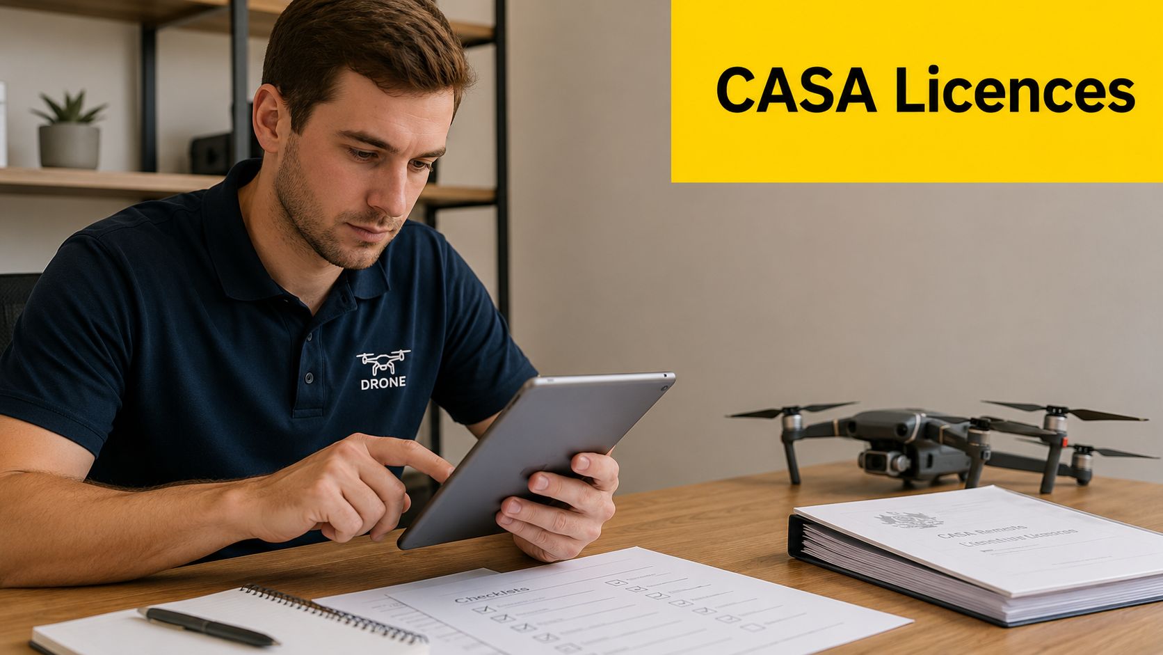 A professional drone operator using a tablet while sitting at a desk with a drone and paperwork.