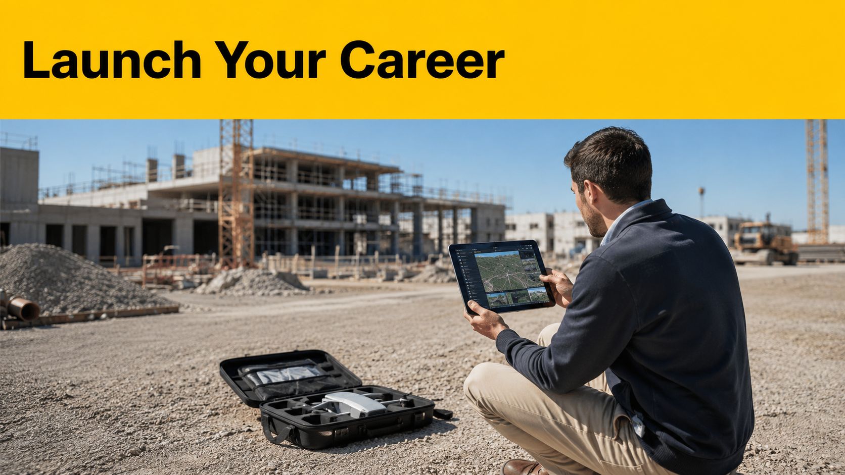 A professional man piloting a drone at a construction site while monitoring data on a tablet.