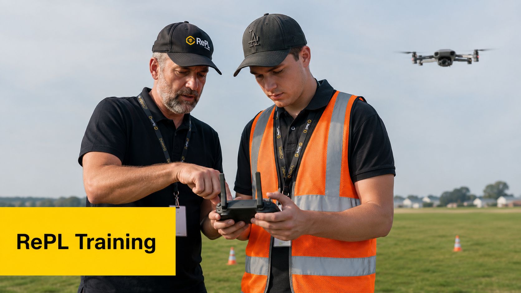 An experienced instructor guides a student drone pilot during practical flight training outdoors on a grassy field.