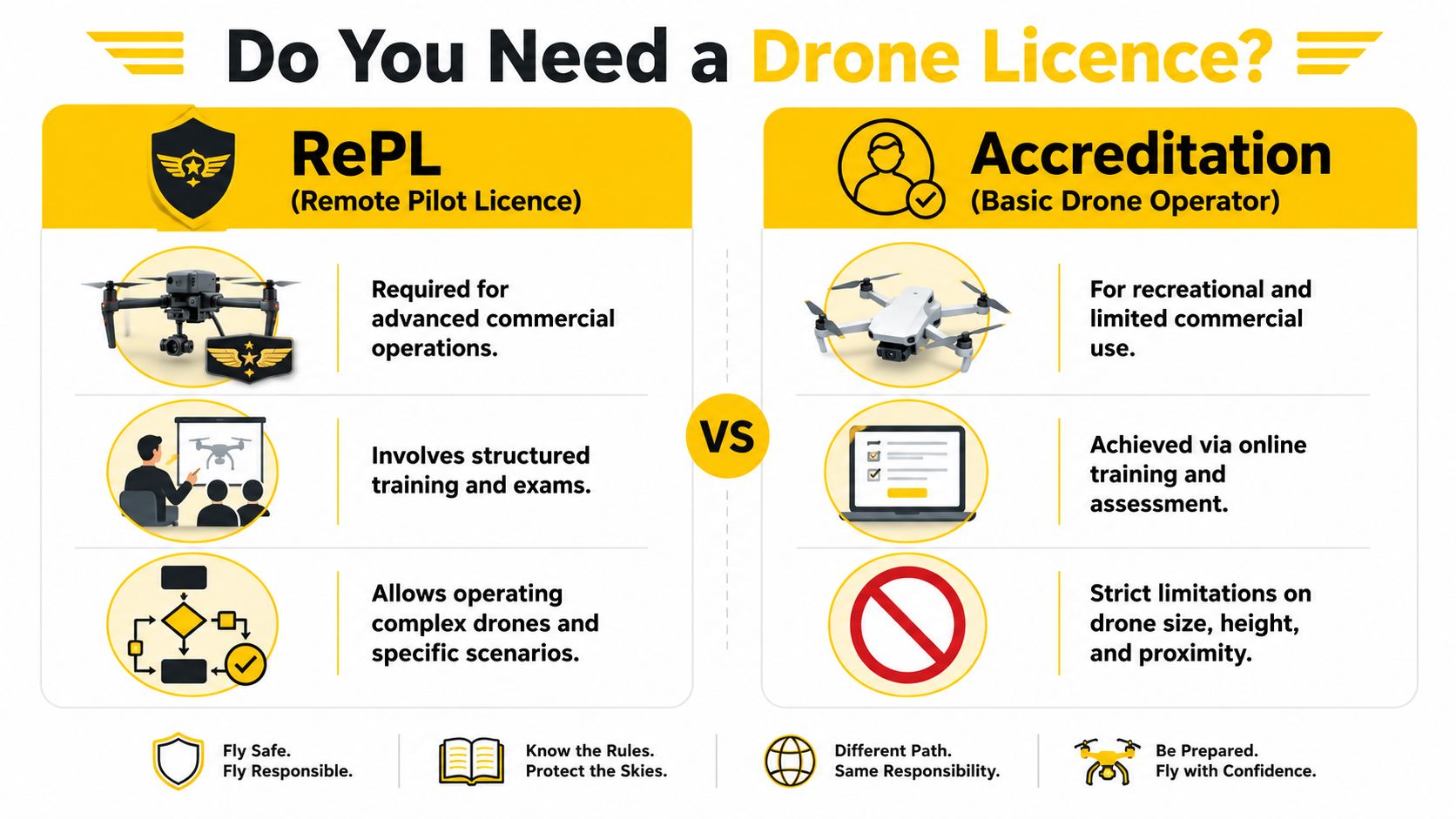An infographic comparing the differences between a RePL remote pilot licence and basic drone operator accreditation.