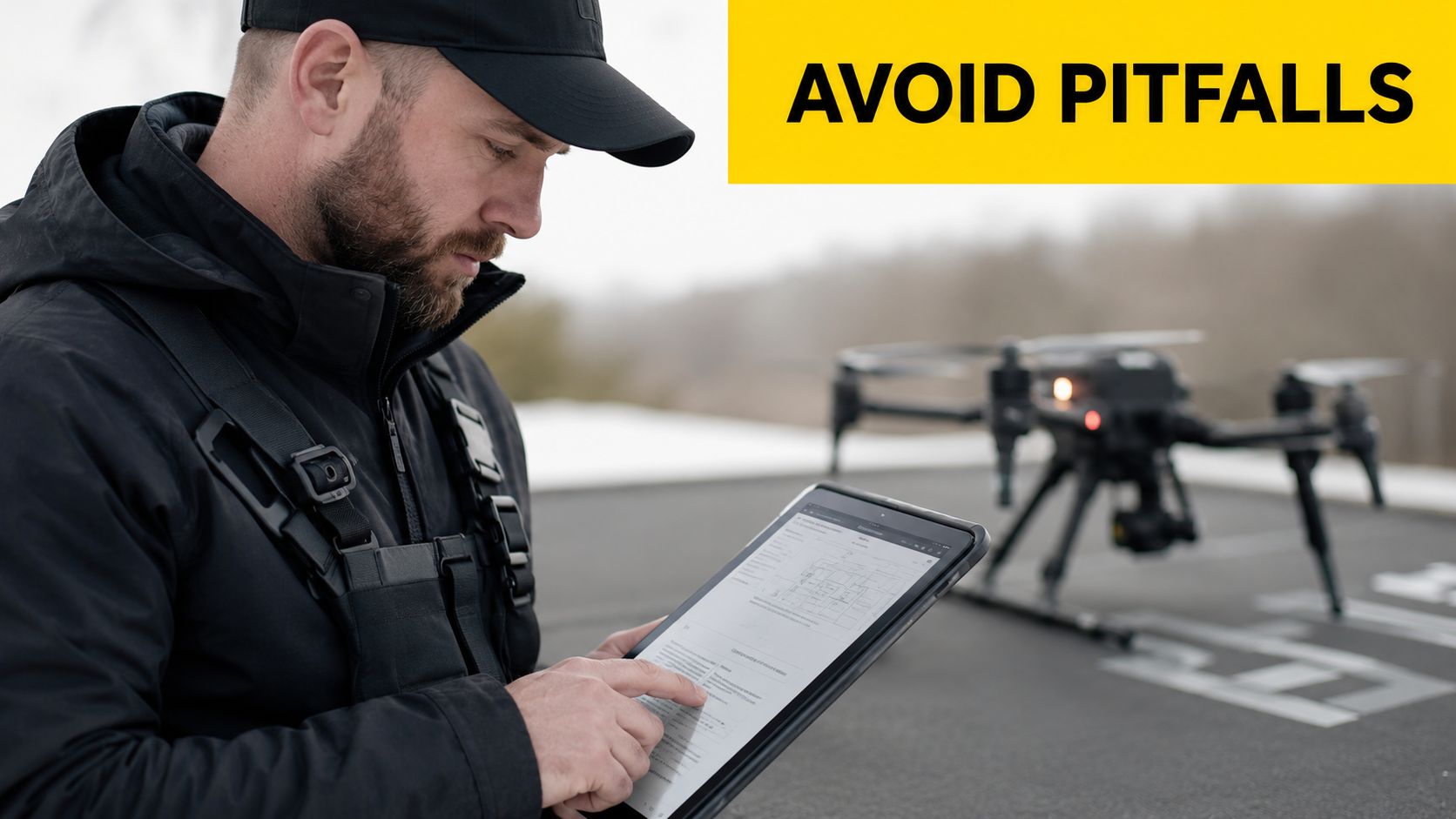A drone operator checking blueprints on a tablet before a flight mission, emphasizing professional drone planning.