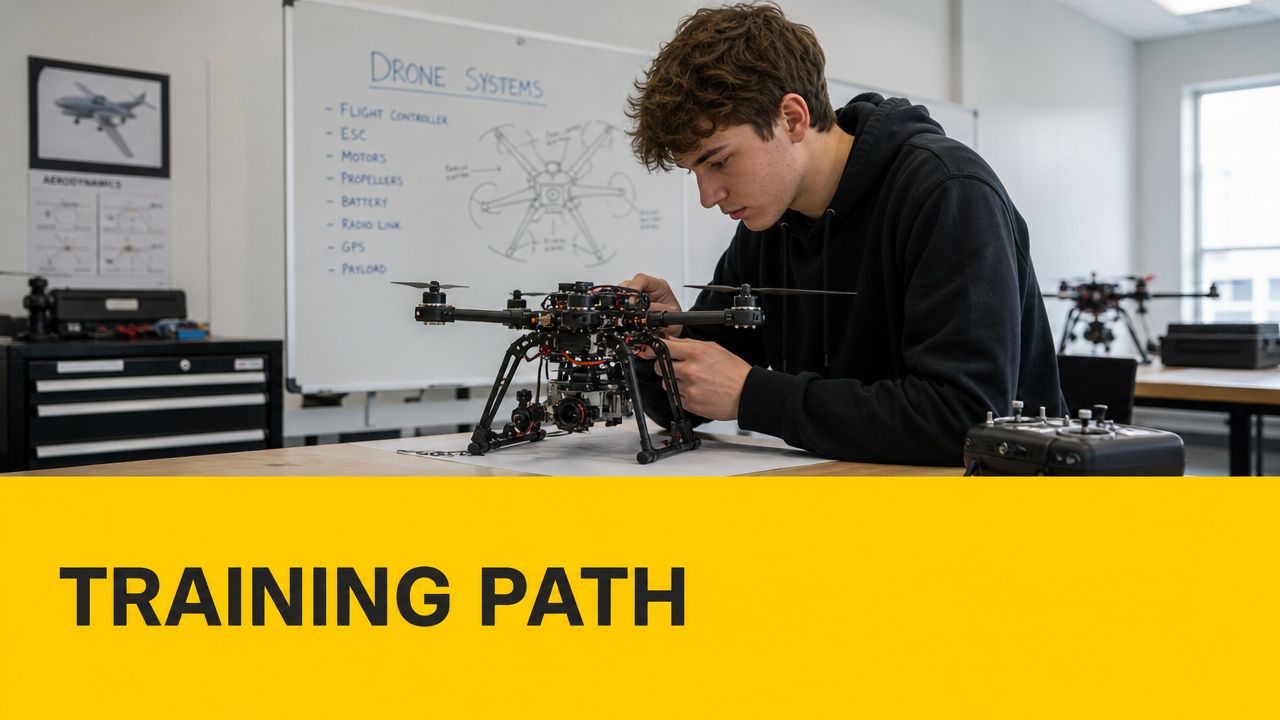 A young man carefully assembling or repairing a technical drone in a professional workshop classroom setting.