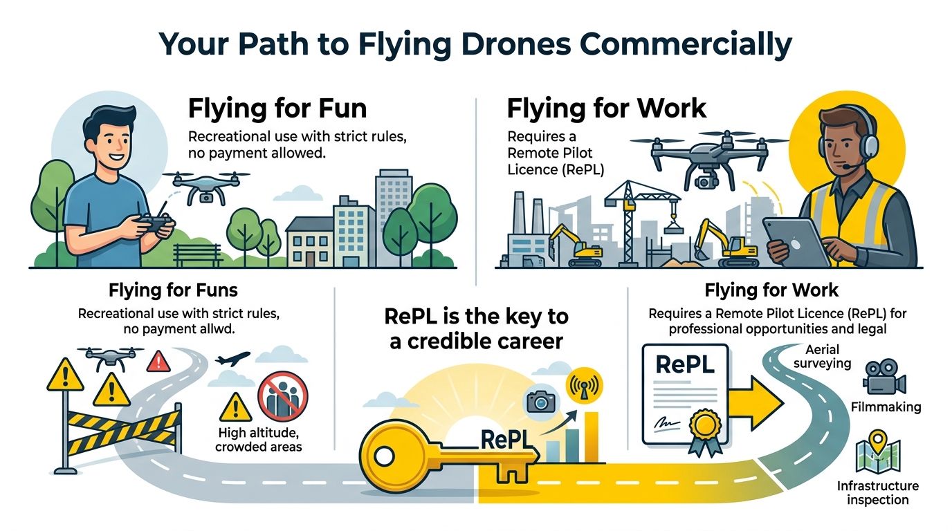 An infographic comparing recreational drone flying for fun versus professional commercial drone operation using a license.
