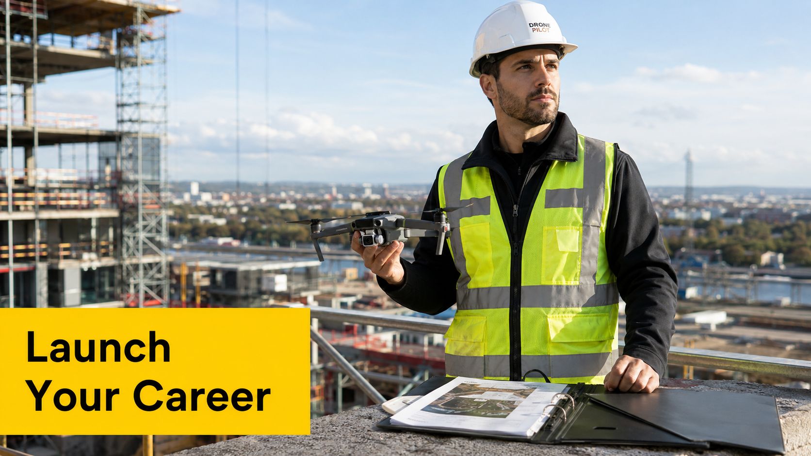 A drone pilot in safety gear standing on a building site holding a professional inspection drone.