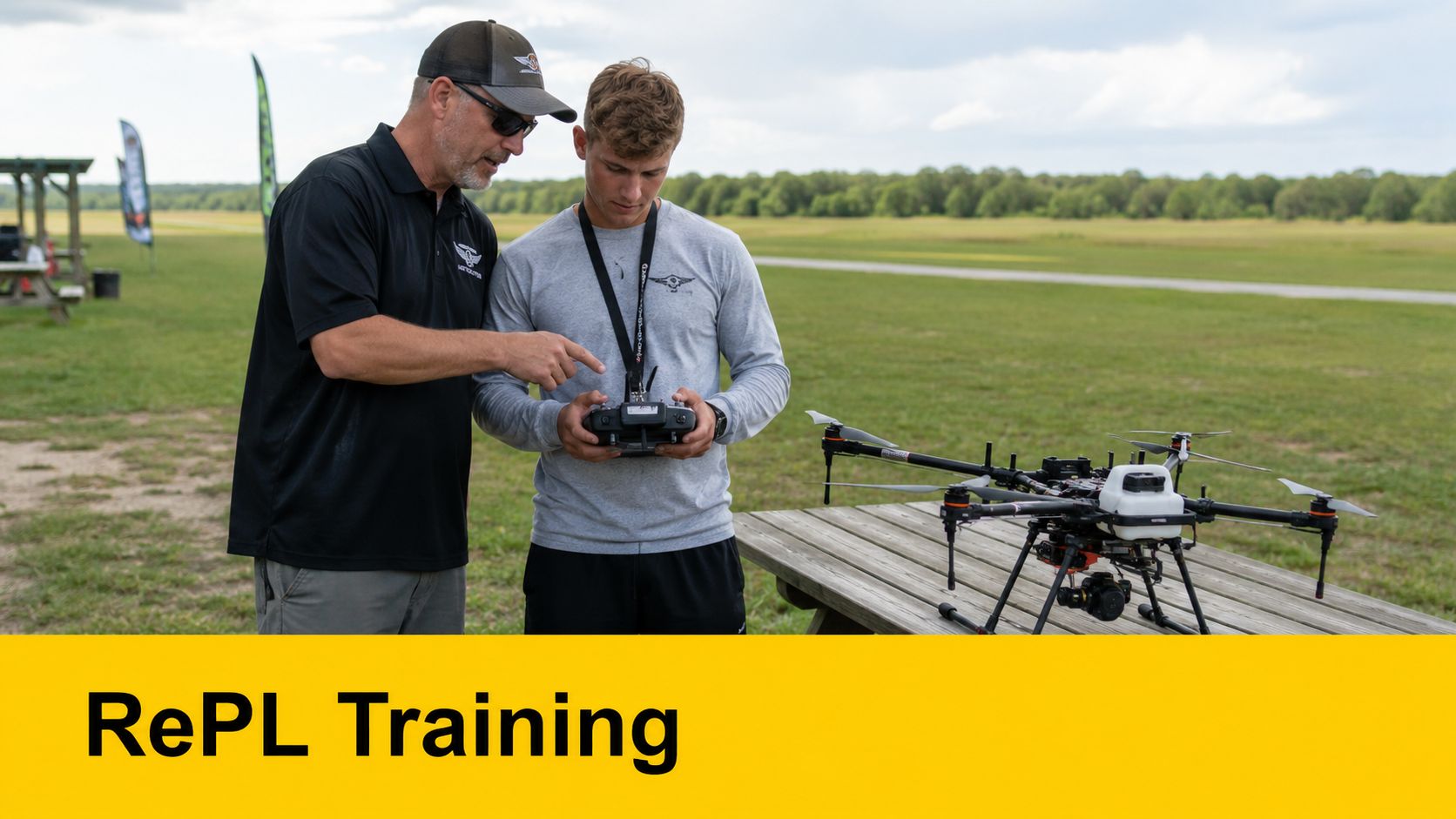 An experienced instructor provides drone flight training to a young student in an outdoor field setting.