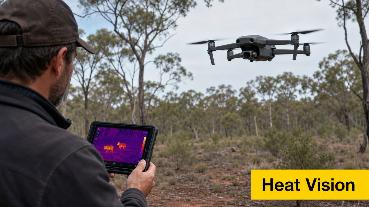 A person using a tablet to view live infrared footage from a flying drone in the woods.