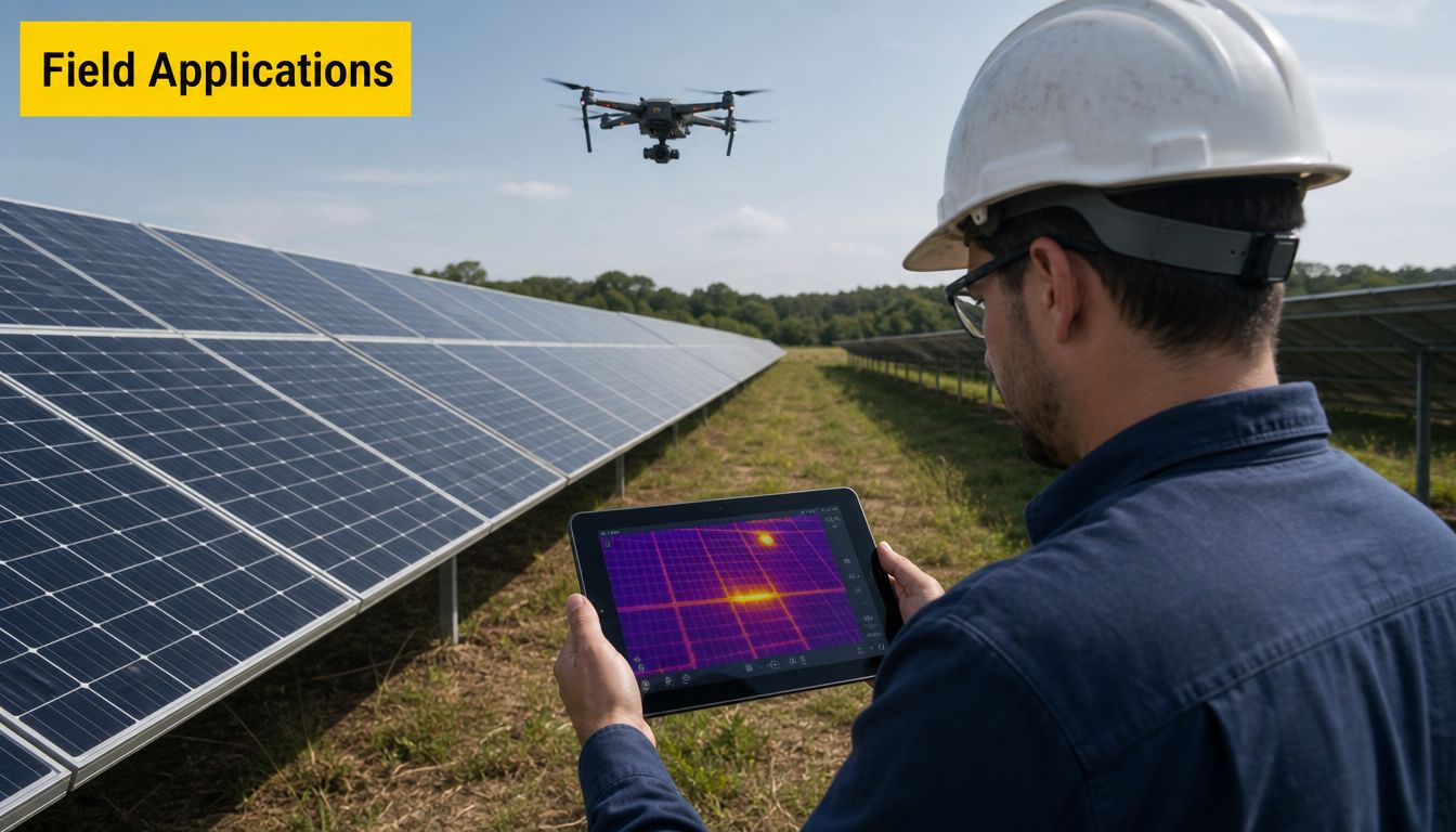 A technician using a tablet to inspect solar panels via an infrared thermal imaging camera drone.