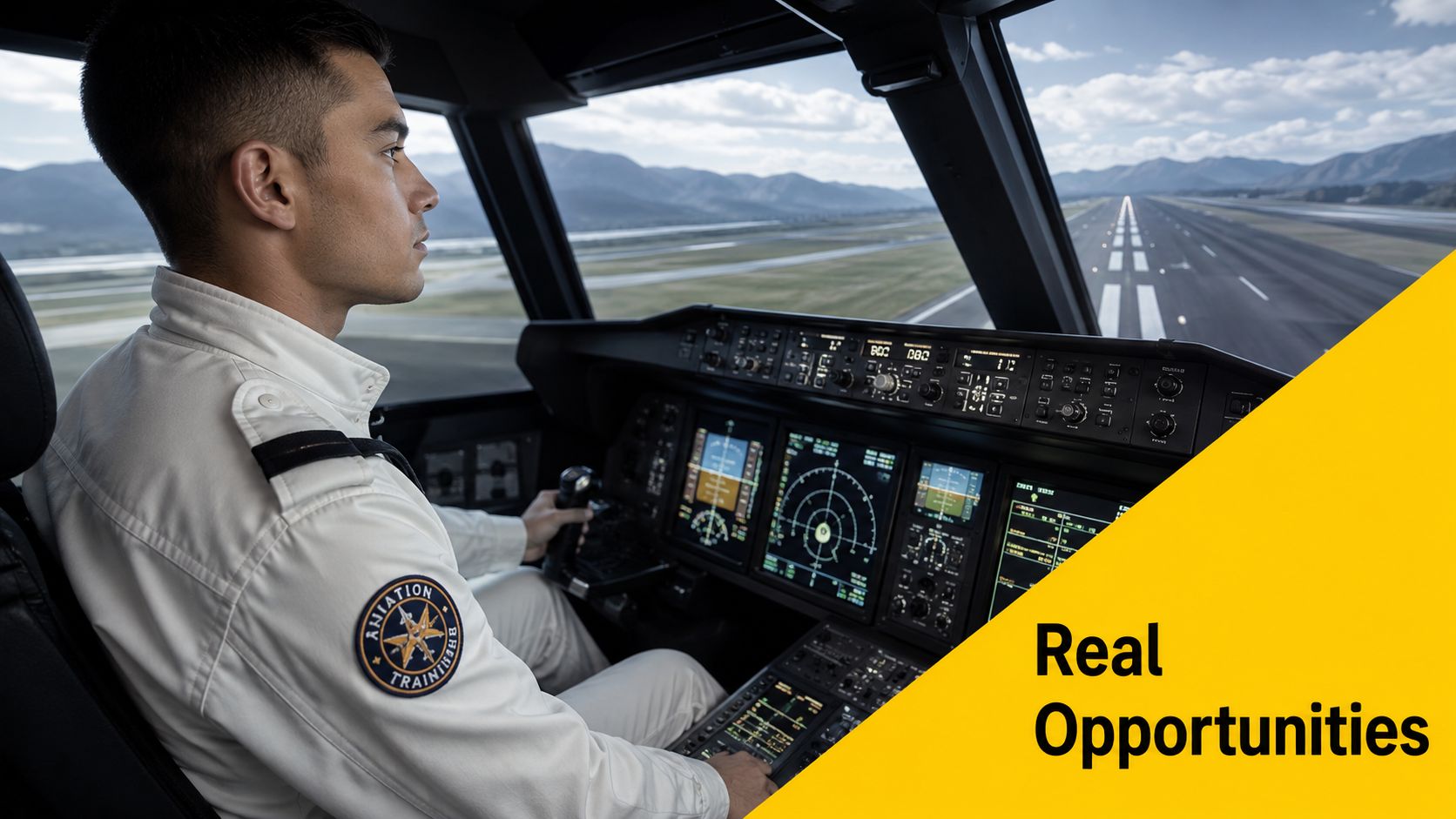 A young pilot cadet in uniform sits inside a modern aircraft cockpit looking at the runway ahead.