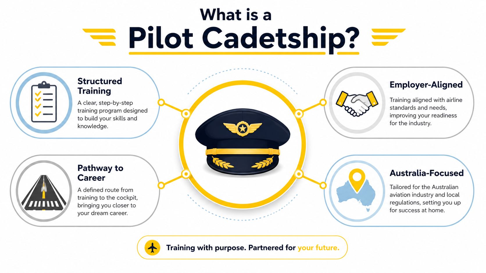 An infographic titled What is a Pilot Cadetship explaining benefits like structured training and career pathways.