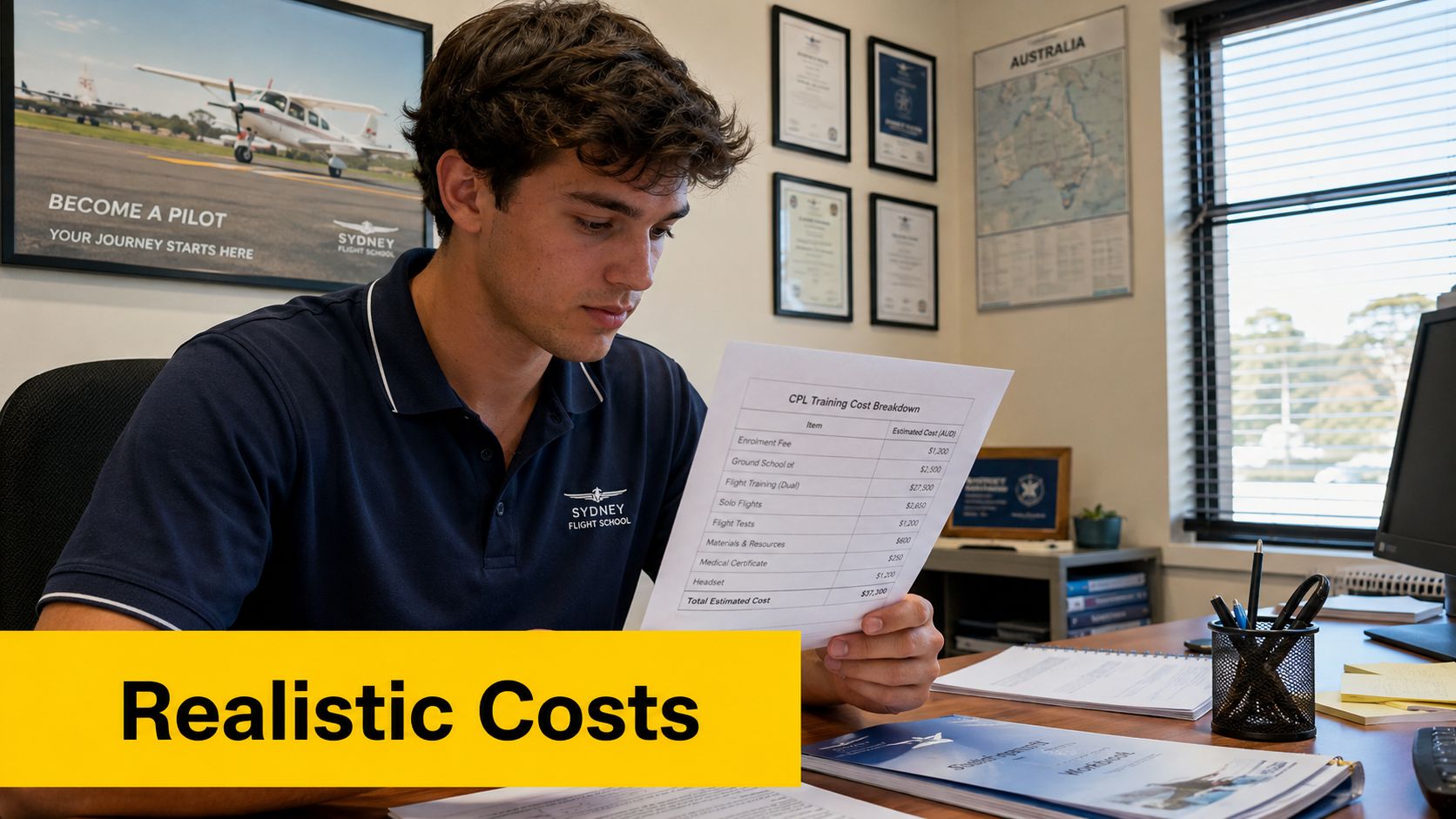 A flight student reviewing a CPL training cost breakdown document at a Sydney flight school office.