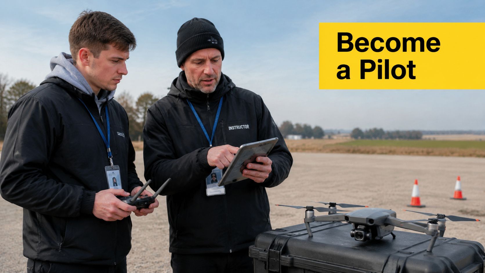 A drone flight instructor shows a student how to use a tablet during a pilot training session.
