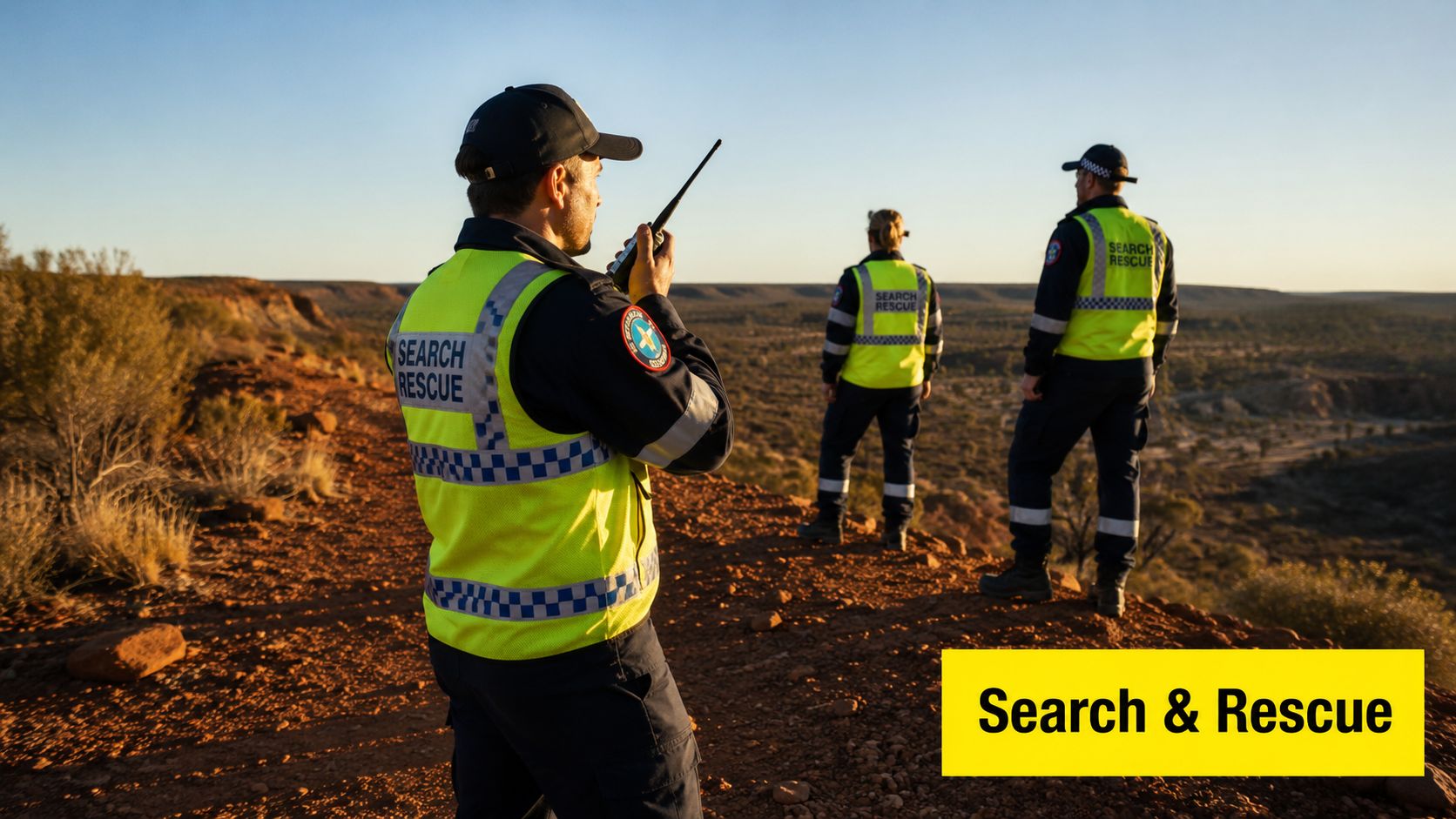 Three search and rescue officers in high-visibility vests surveying a rugged landscape during the golden hour.