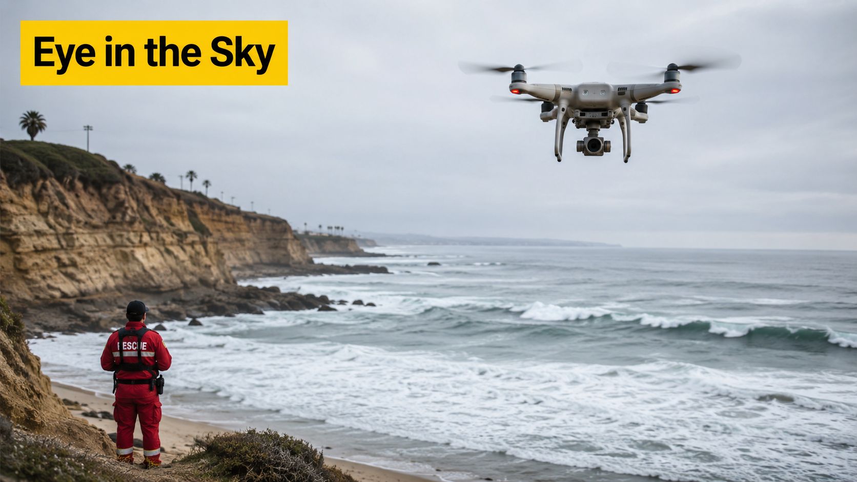 A rescue worker in a red uniform operating a drone along a rugged ocean coastline.