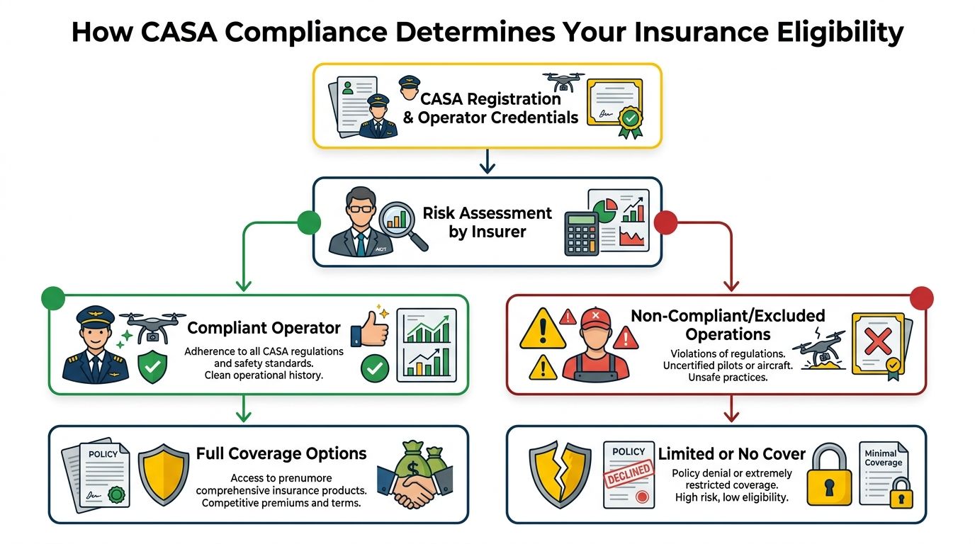 A flowchart showing how CASA compliance impacts drone operator insurance eligibility and coverage options in Australia.