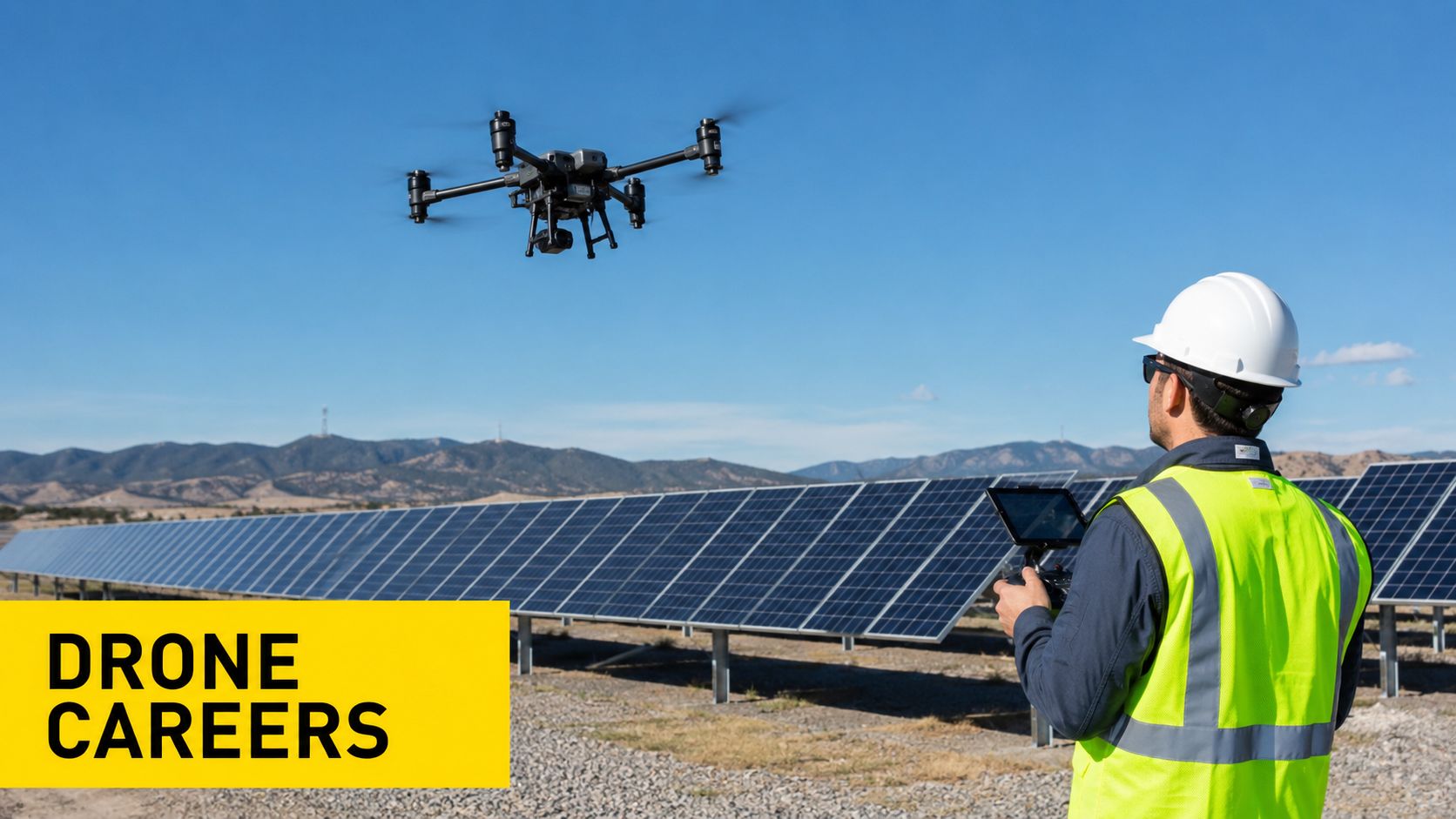 A professional drone pilot in a hard hat and high-visibility vest inspecting a solar farm with a UAV.