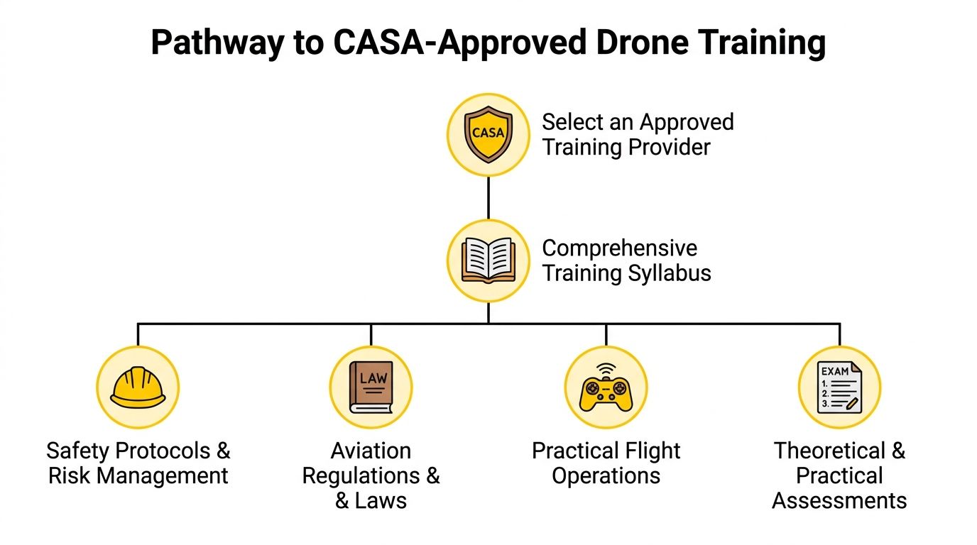A diagram outlining the steps for completing CASA-approved drone pilot training, from provider selection to final assessments.