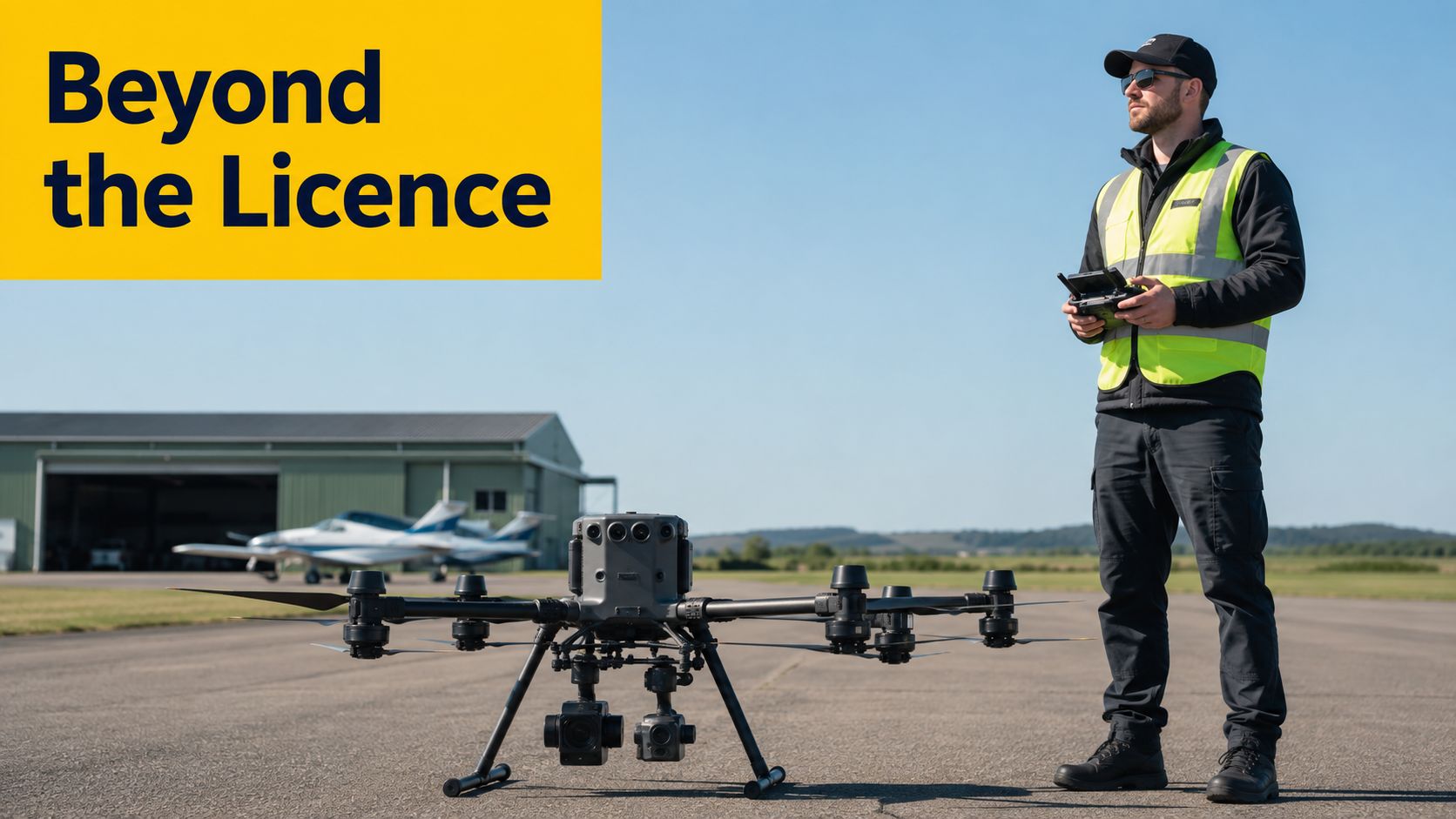 A professional drone pilot in safety gear operating an advanced drone on an airfield runway.