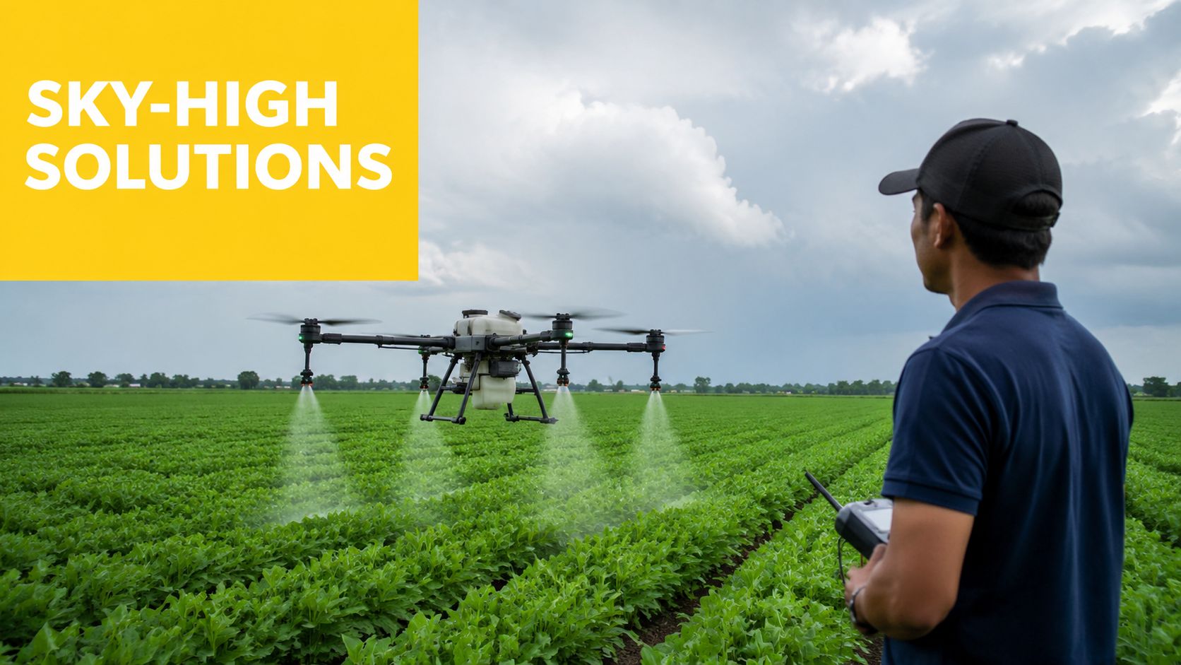 A farmer using a remote control to operate an agricultural drone spraying crops in a green field.