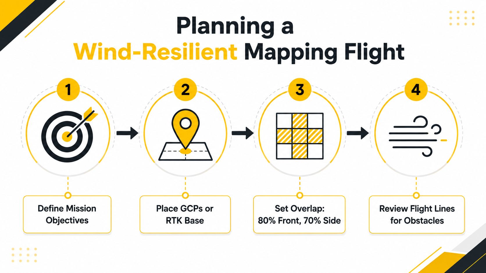 An infographic showing four steps for planning a wind-resilient drone mapping mission, including defining objectives and setting overlap.
