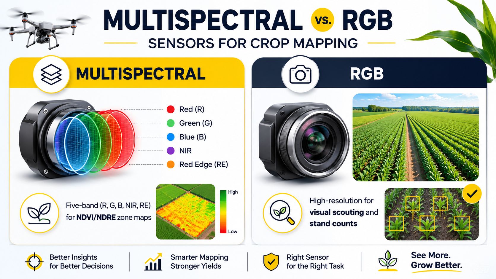A comparison infographic between multispectral and RGB drone sensors for agricultural crop mapping and analysis.