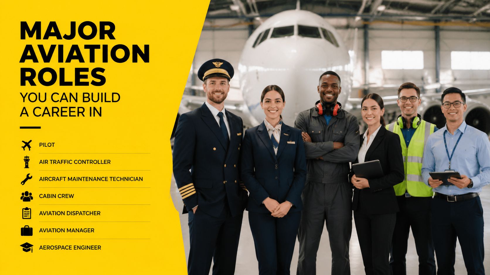 A diverse group of aviation professionals standing in front of an airplane in an aircraft hangar.