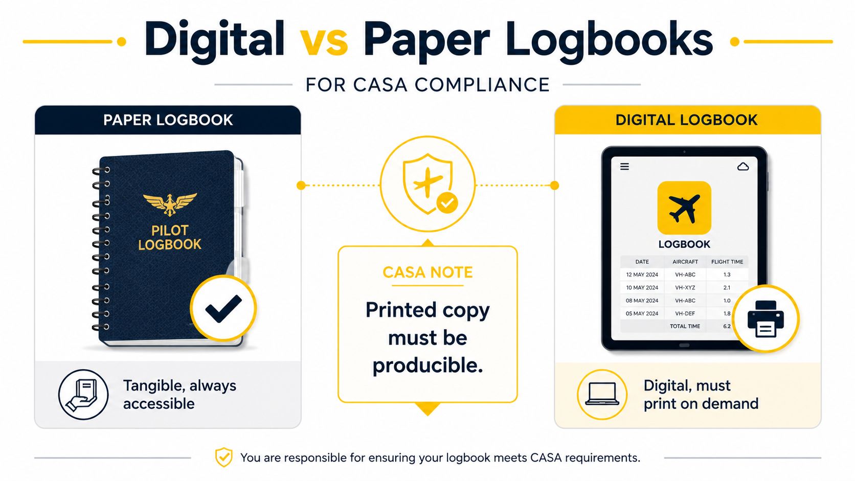 Comparison of paper and digital pilot logbooks for CASA compliance, emphasizing the requirement for printed, producible records.
