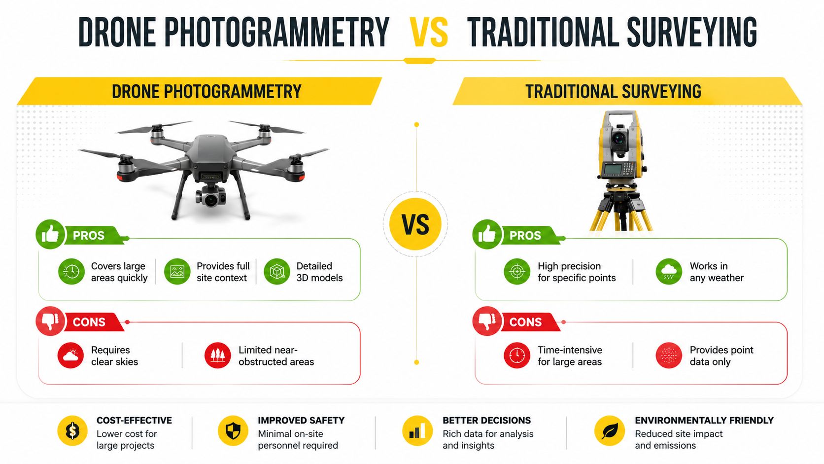 A comparison infographic between drone photogrammetry and traditional surveying techniques highlighting their respective pros and cons.